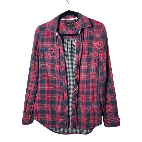 Miss Me Tops - Miss Me Womens Plaid Flannel Shirt Red Navy Long Sleeve Button Up Size S